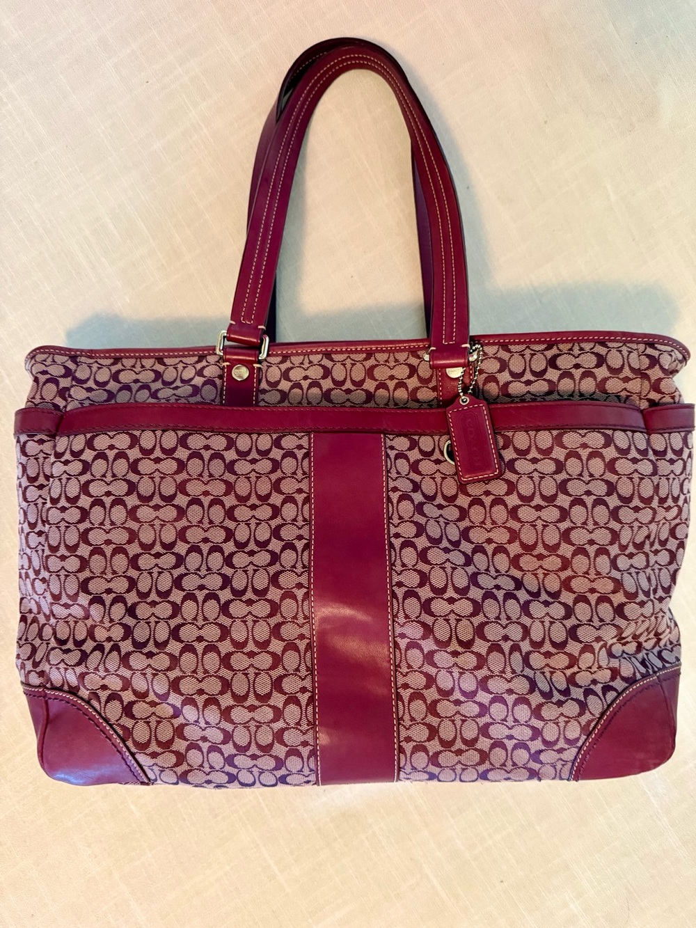 Coach Y2K Large Burgundy Signature Canvas and Leather Tote